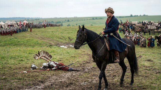 Cossack commander on horseback overlooking a historical battlefield with a fallen winged hussar soldier