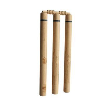 A set of wooden cricket stumps with bails standing upright, isolated on white background. Ideal for sports and athletic equipment branding.