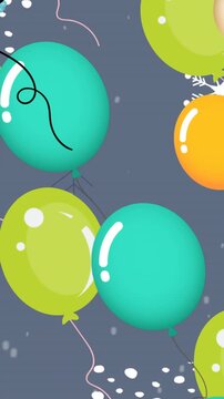 Animation of balloons and snow over trees on grey background