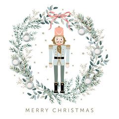 Naklejka premium Christmas wreath with text, white background. Nutcracker, green fir twigs, balls, pink bow, stars. Vector illustration. Festive design. Greeting card, poster, banner template. New Year holidays