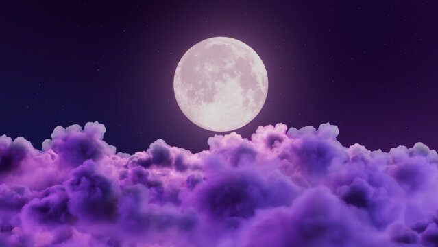 Full moon rising above dense purple clouds under starry night sky, with moon, fullmoon, cloud, purple detail, showing lavender, night, star, sky context