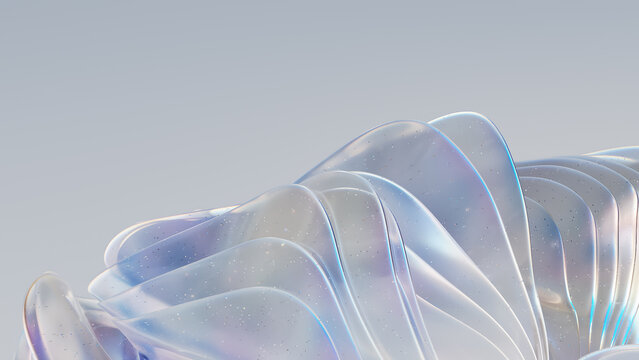 Iridescent translucent ribbon sculpture with soft pastel highlights and gentle curves against pale background, with iridescent, translucent, ribbon, sculpture detail