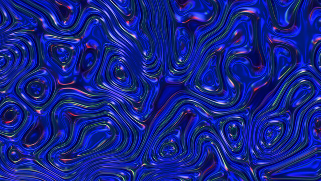 Abstract iridescent blue liquid texture with wavy ridges and reflective highlights across surface, with abstract, iridescent, blue, liquid detail, showing texture, wavy, ridge, reflective context