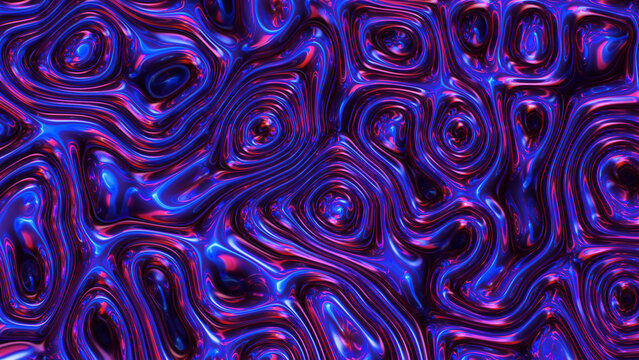 Closeup of iridescent organic maze pattern with glossy blue and magenta ridges and reflective highlights, with abstract, organic, maze, pattern detail, showing iridescent, glossy, undulating, ridge