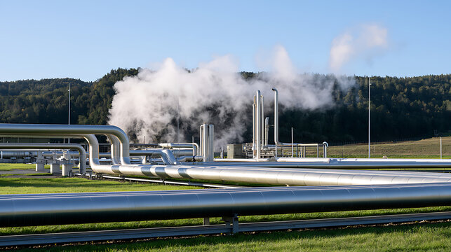 Industrial refinery facility with metal pipelines and white steam vents set against a lush green field and dark forest landscape