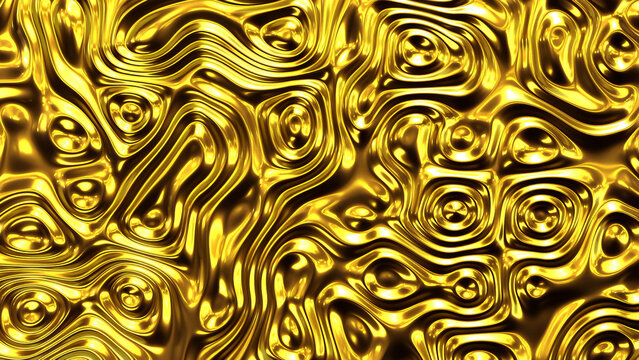 Abstract molten gold surface with glossy ripples and sculpted reflections across full frame, with gold, metal, reflective, liquid detail, showing molten, glossy, shiny, ripple context