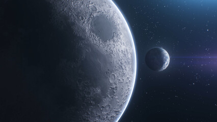 Distant Moon Orbiting Dark Alien Planet in Space © davstudio