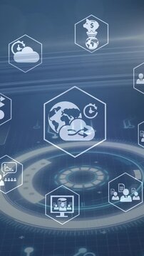 Animation of multiple digital icons spinning over interface with data processing and light spot