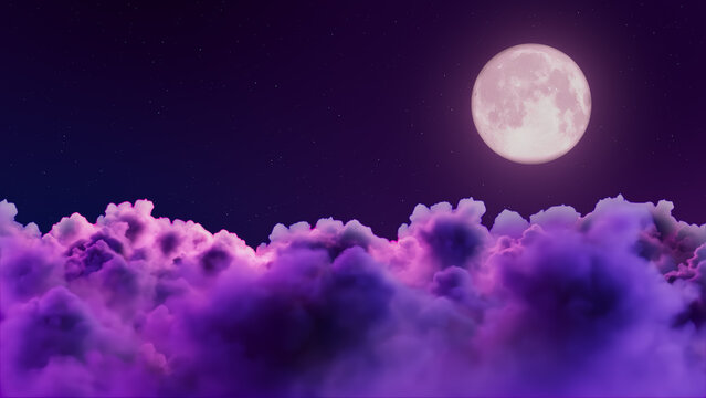 Full moon rising behind layered purple clouds, glowing lunar light over starry night sky with dreamy atmospheric glow and serene nightscape, with moon, full, rising, cloud detail