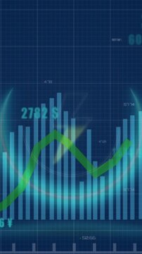 Animation of thunderbolt icon over statistical data processing against blue background