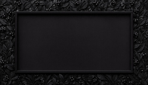 Black rectangular frame with ornate floral and berry border on dark background