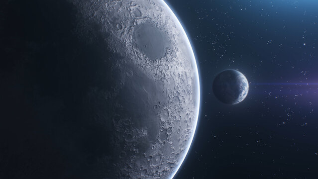 Distant Moon Orbiting Dark Alien Planet in Space