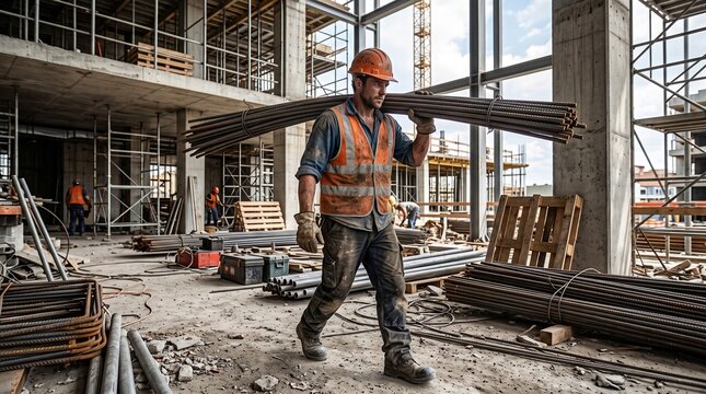 Multijob Repair Worker Holding Rebar Bundle