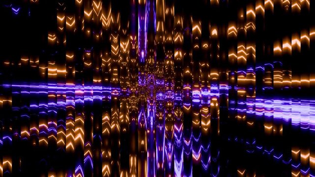 Dynamic orange and purple chevron light patterns scatter across a corrugated glass surface. The vivid glowing geometric shapes create a modern abstract background with high contrast refraction.