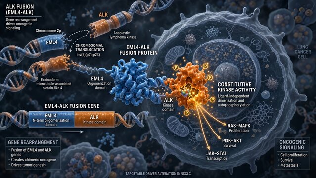Molecular visualization of the eml4 alk gene fusion showing chromosomal translocation and active kinase proteins against a backdrop of lung cancer cells