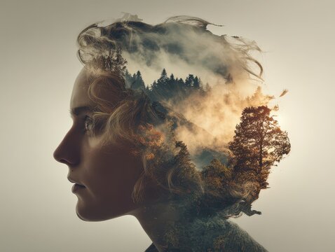 Profile of a woman merges with a landscape, creating a thought-provoking double exposure, symbolic of nature's deep connection with the human mind