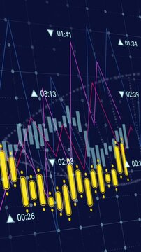 Animation of financial data processing over dna strand on black background