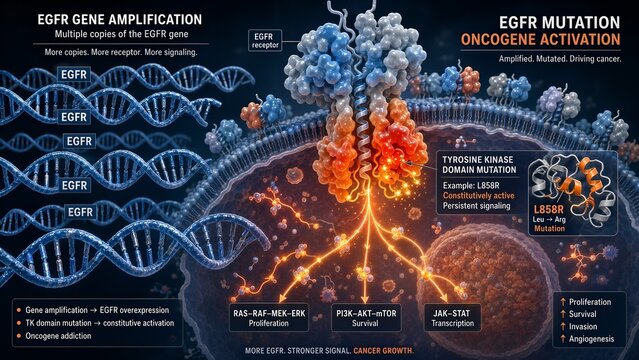 Molecular rendering of egfr gene amplification showing multiple gene copies and a tyrosine kinase domain mutation causing heightened signaling in cancer