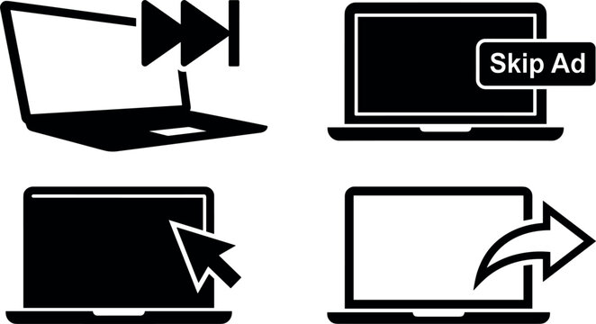 Set of laptop icons with fast forward, skip ad, cursor, and share symbols
