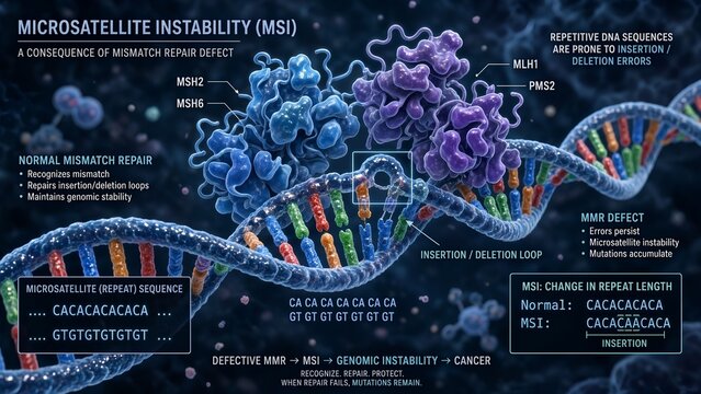 Dna mismatch repair defect displaying microsatellite instability msi with repetitive sequence errors and a molecular mismatch repair complex in the background