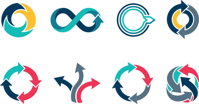 Set of circular arrow icons and infinity loop symbols for business process and recycling design