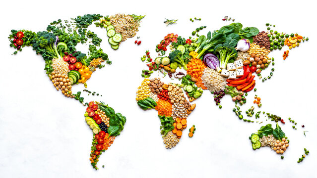 World Map Made of Healthy Plant-Based Foods for Global Vegetarian Nutrition 
