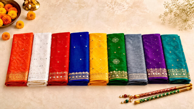 Nine Colors of Navratri with Folded Indian Fabrics and Dandiya Sticks for Garba Festival and Fashion Concept