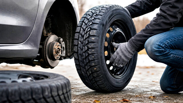 Person Changing Car Tire Outdoors for Winter Seasonal Maintenance and Road Safety