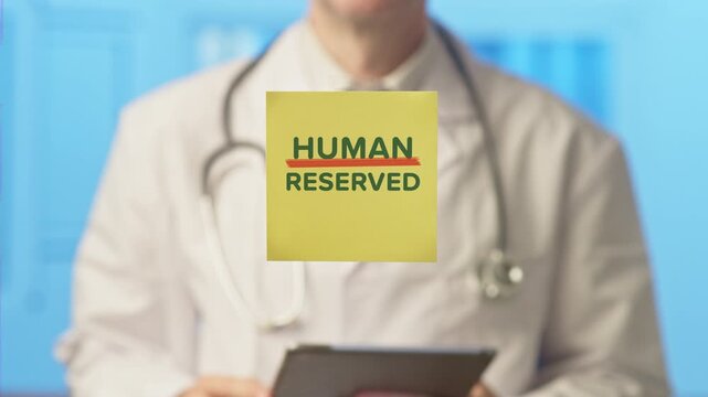 Medical professional in a lab coat holding a note that reads human reserved, symbolizing job protectionism and the debate between human labor and artificial intelligence in healthcare