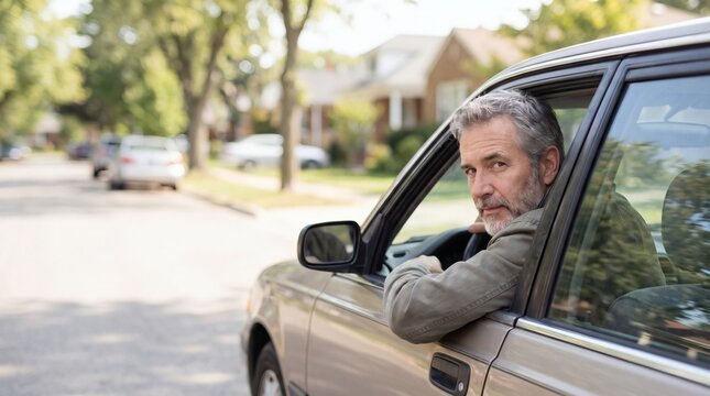 Mature man looking back out car window to check blind spot