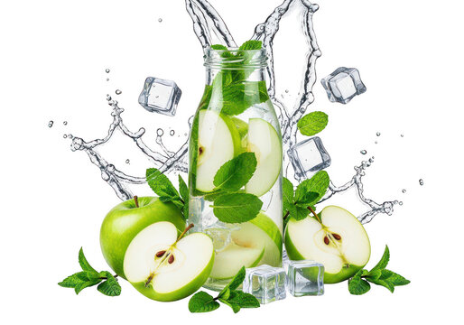 Bottle of fresh green apple drink with water splash and ice isolated on transparent background