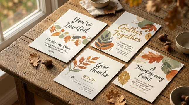 Four thanksgiving invitation cards with autumn leaf on a wooden table invitations