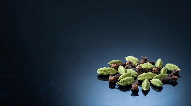 Cardamom pods whole cloves mixed spices scattered on a dark reflective background with blue moody lighting featuring massive left copy space layout