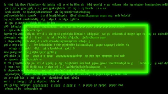 Green Digital Code Hacking Screen with Glowing Highlight Box on Black Background