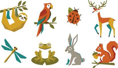 Fototapeta premium Geometric Forest Animals and Insects Vector Icon Set with Sloth, Parrot, Ladybug, Deer, Dragonfly, Frog, Rabbit, and Squirrel for Modern Design Projects