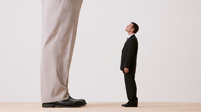 Small businessman look up at huge boss leg, unequal power relation in corporate world, comparison concept in modern office workspace backdrop