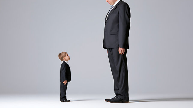 Little boy dressed in a suit looking up at a towering adult businessman in a professional studio setting with a clean white background