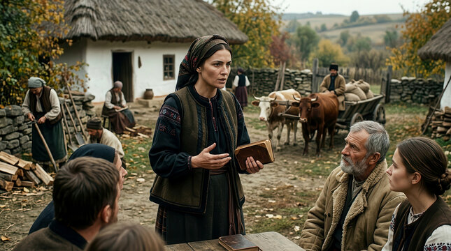 Woman in Traditional Folk Costume Holding a Book and Speaking to Villagers in a Rural Village