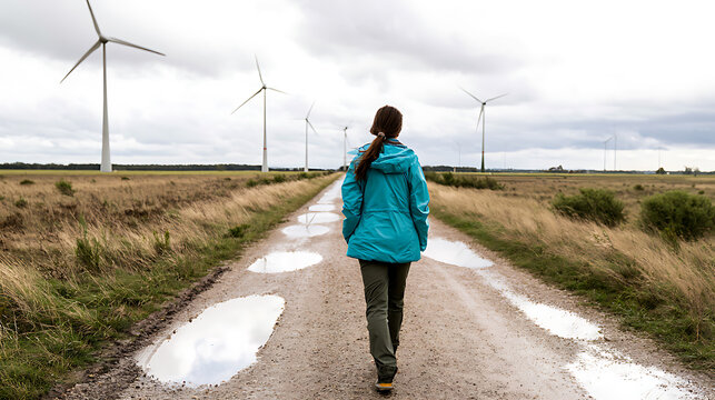 Woman walk on dirt road with puddles toward wind turbines in rural landscape, renewable energy concept for green power and sustainable fu