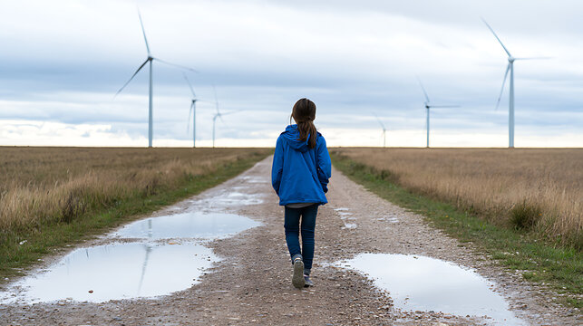 Young child walk down rural dirt road toward giant wind turbine farm field under cloudy sky sustainable energy future hope clean power