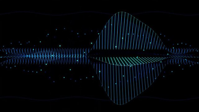 Abstract blue sound wave visualization with pulsing particles and digital data flow motion