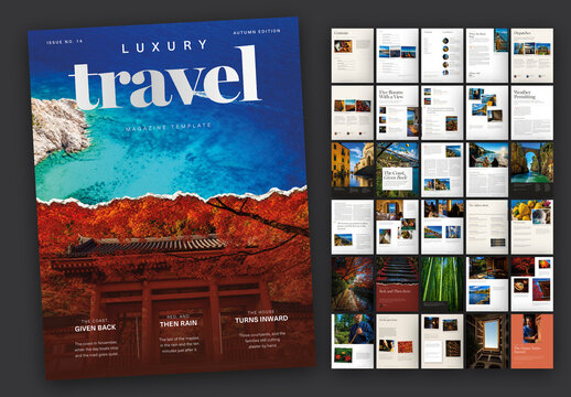 Luxury Travel Magazine Layout - Editorial Feature Spreads, Photo Galleries and Contents, 40 Pages