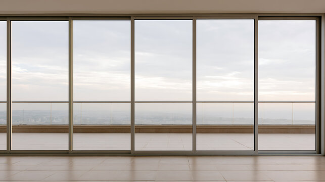 Modern luxury apartment interior with large glass sliding doors and a spacious balcony overlooking a distant urban landscape under cloudy sk