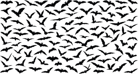 Fototapeta premium Black bat silhouettes collection, flying bats vector set for Halloween decor, spooky nocturnal animal icons on white background