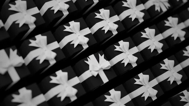 Rows of black gift boxes with white ribbons wave motion across dark background in loopable Black Friday sale 3D animation
