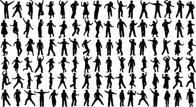 Black silhouette people collection, dancing crowd vector set, active human figures in motion, diverse party group silhouettes