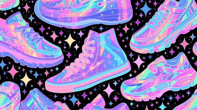 Colorful Holographic Sneakers Seamless Pattern with Sparkles, Holographic Sneakers Pattern with Colorful Y2K Aesthetic
