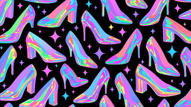 Colorful Holographic High Heels Seamless Pattern with Sparkles, Neon Rainbow High Heels and Sparkles Pattern background, high heel background