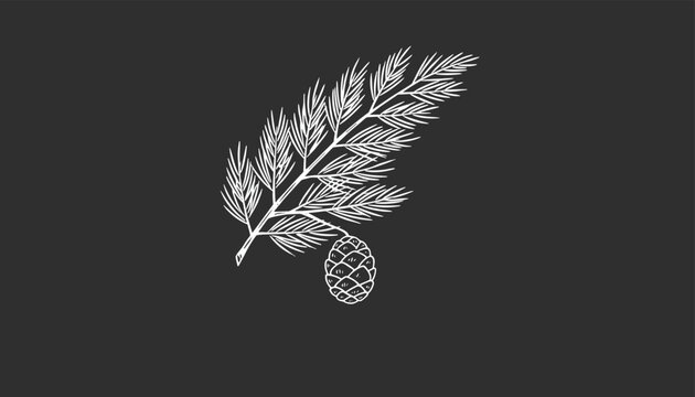 Chalkboard style hand-drawn white illustration of a pine tree branch with detailed needles and a pinecone hanging from it.