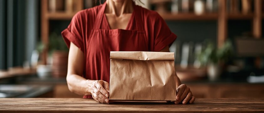 Warm service moment as a caf worker in a red apron presents a kraft paper takeout bag across a wooden counter. Perfect for food delivery, sustainable packaging, and small business concepts.